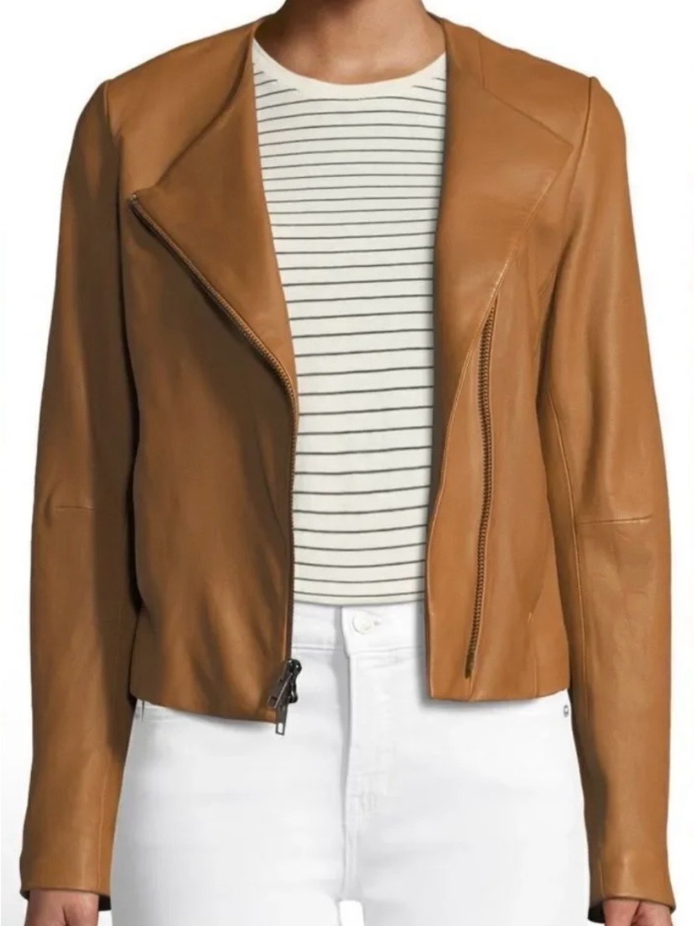 Vince Brown Leather Asymmetrical Zip Jacket - Women